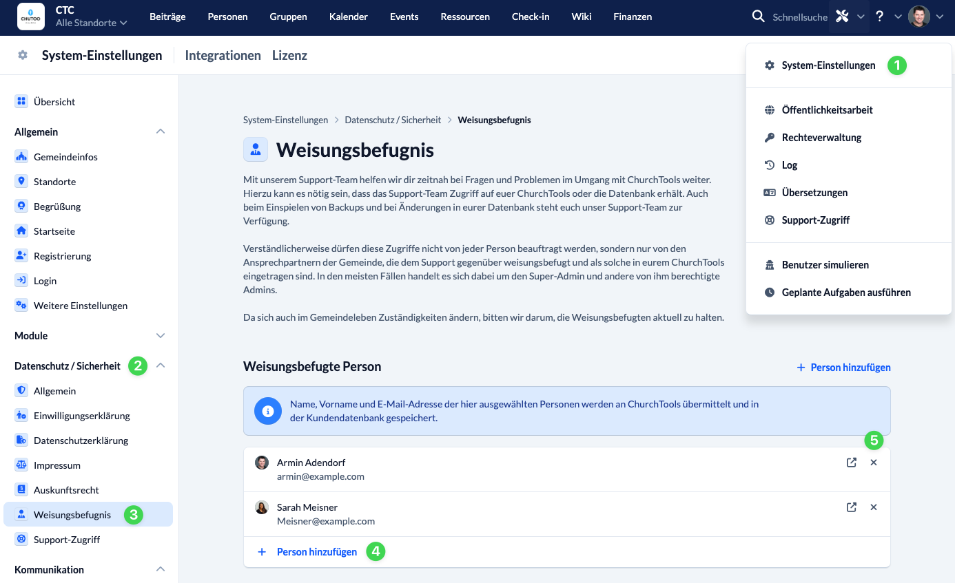 Screenshot Weisungsbefugnis in den System-Einstellungen