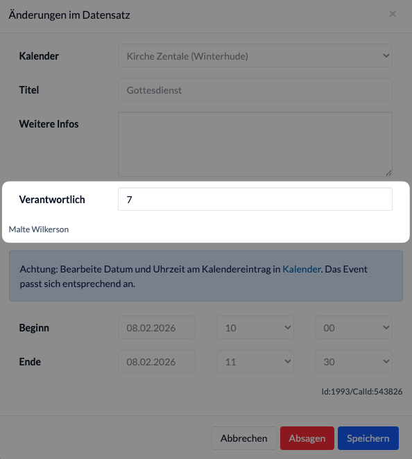 Screenshot Verantwortlicher für ein Event