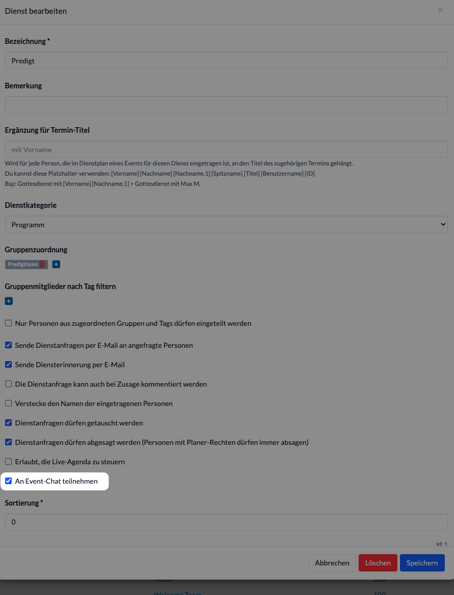 Screenshot Chat-Teilnahme für einen Dienst festlegen