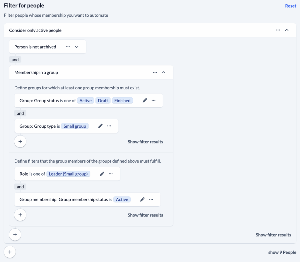 Groups - Automatic membership - Example Leaders - Filter for people