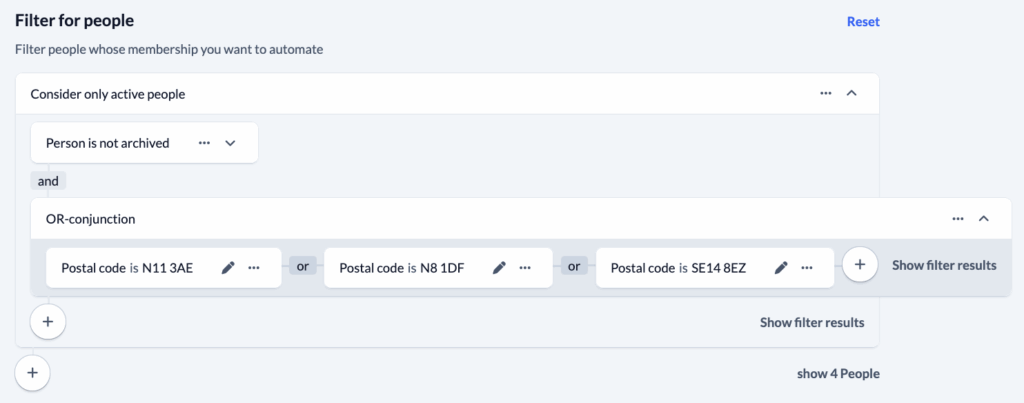 Groups - Settings - Automatic membership - Filter fpr people