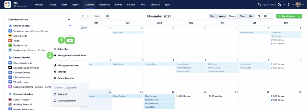 Calendar Manage email subscription