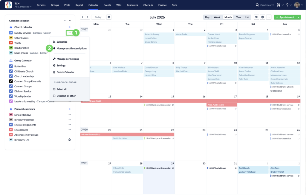 Screenshot Calendar Options Manage email subscriptions