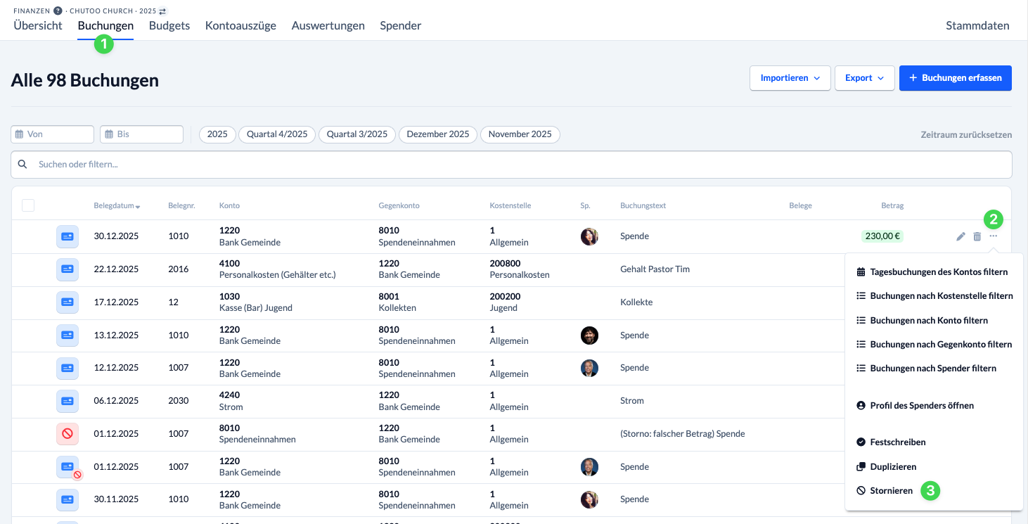 Screenshot Buchung über das Kontextmenü stornieren