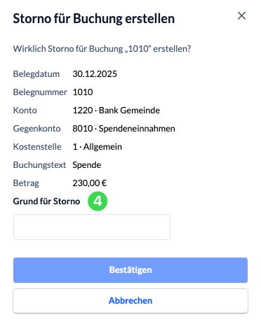 Screenshot Storno für Buchung erstellen