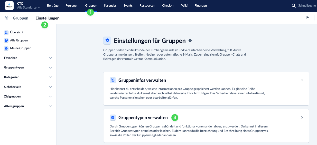 Screenshot Gruppentypen verwalten in den Einstellungen des Gruppenmoduls aufrufen