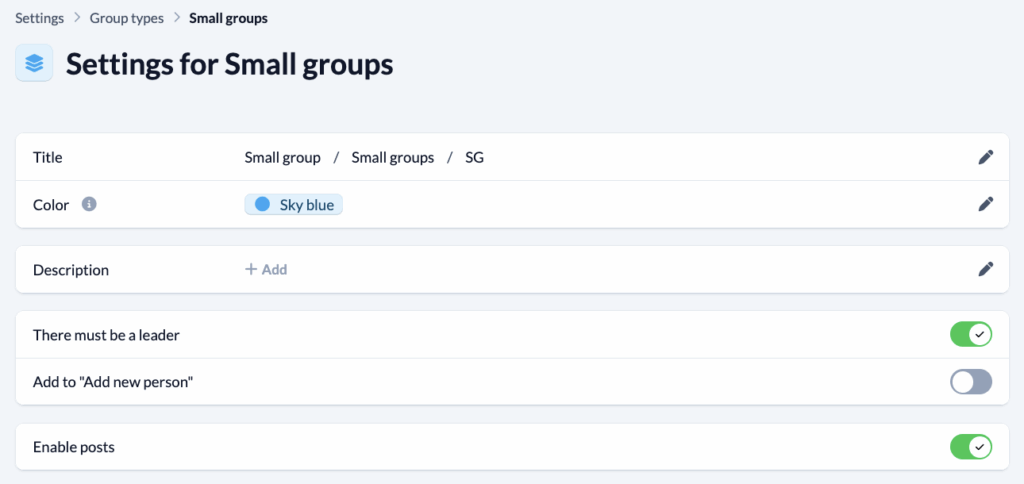 Groups - Manage Group types - Settings for a group type