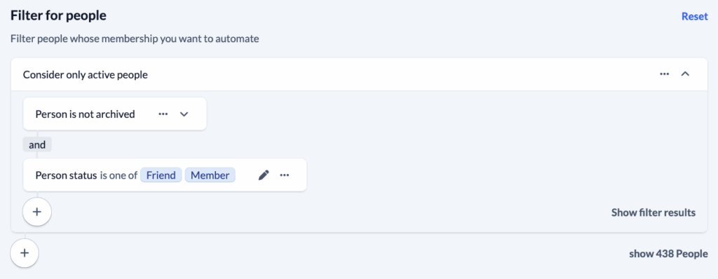 Groups - Settings - Automatic membership - Filter for people