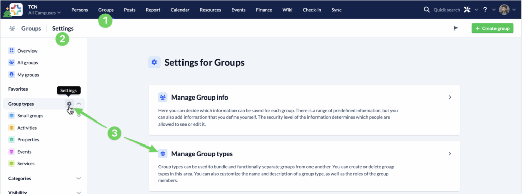 Groups - Settings - Manage Group types