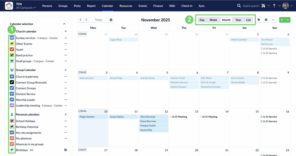 Calendar Select calendar and view