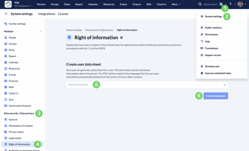 Data security - Right of information - Create data sheet