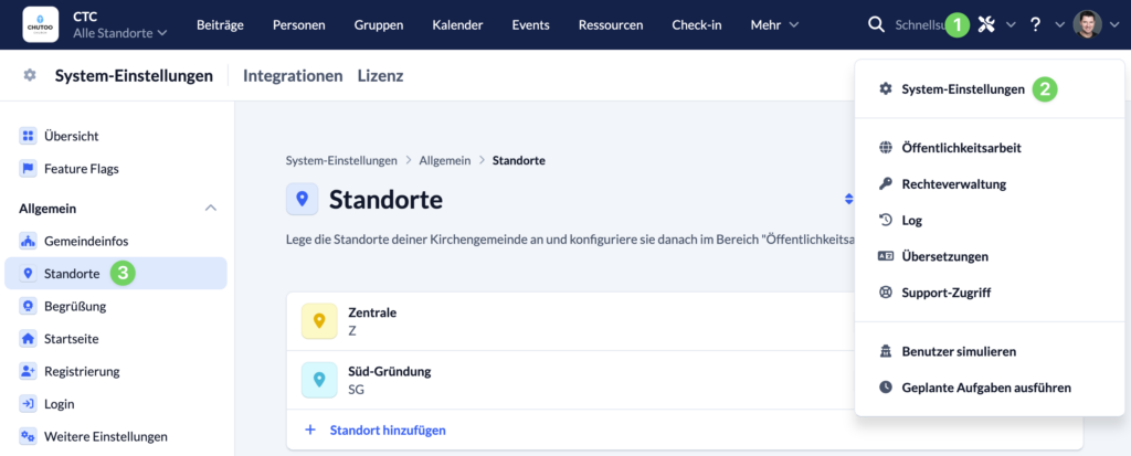 Screenshot System-Einstellungen Standorte