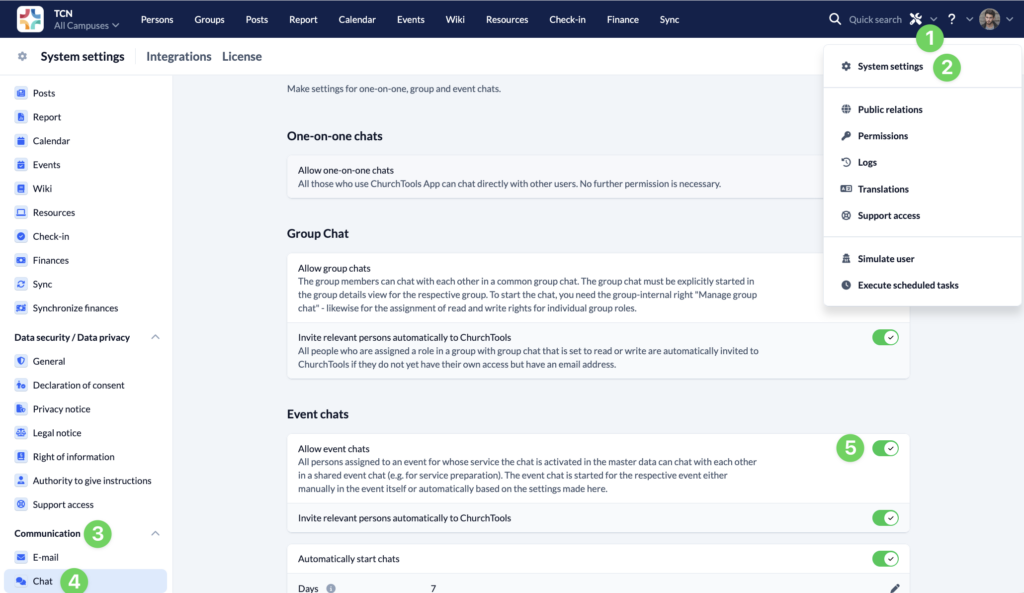 Screenshot System settings Communication Chat