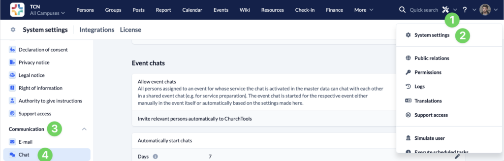 Screenshot System settings Communication Chat