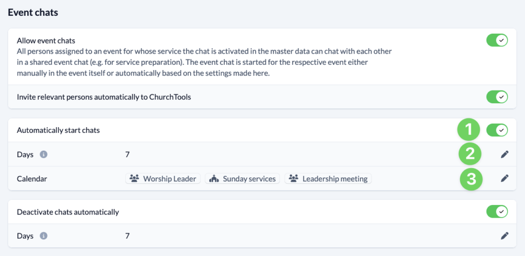 Screenshot System settings Communication Settings for Event chat