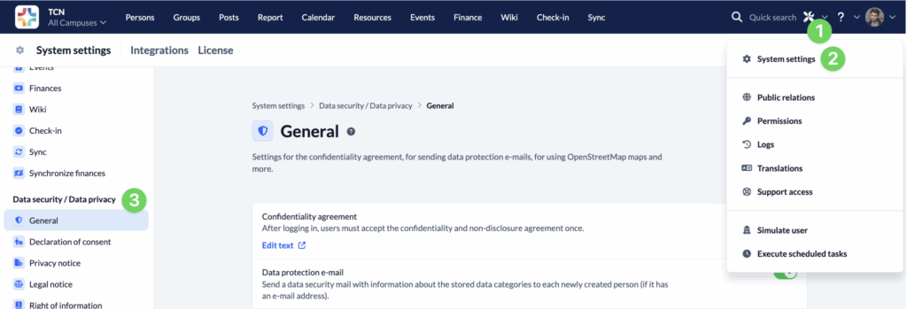 System settings - Data security - General