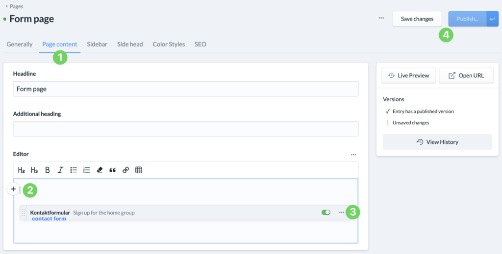 Screenshot Website Form page Insert contact form