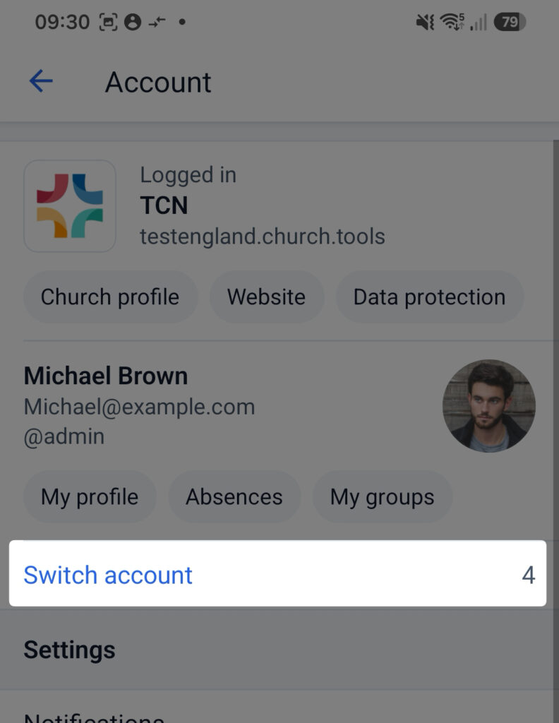 Screenshot App User profile Switch account