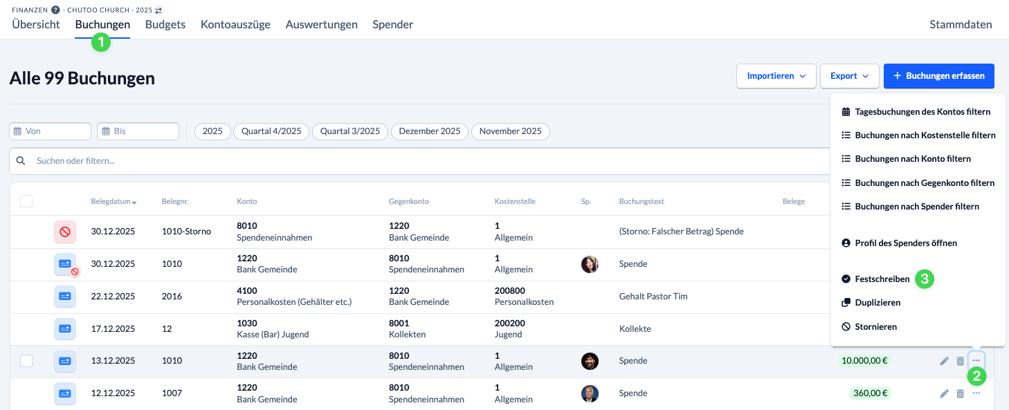 Screenshot Buchung über das Kontextmenü festschreiben