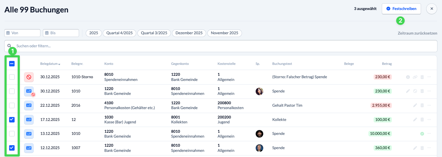 Screenshot Markierte Buchungen festschreiben