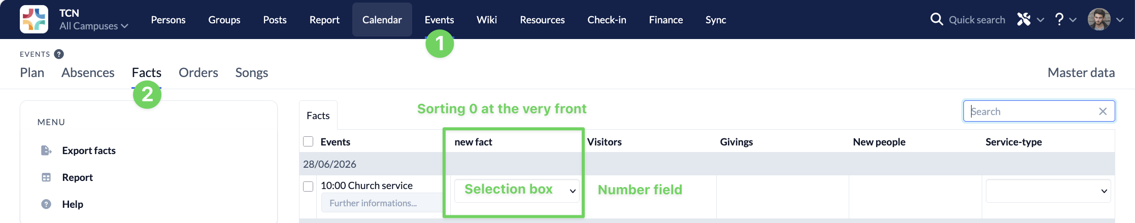 Screenshot Events Facts Facts sort order