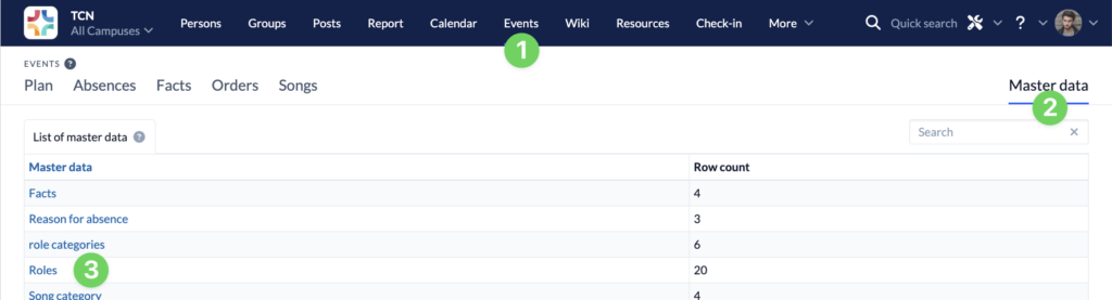 Screenshot Events Master data