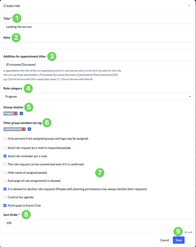 Screenshot Events Master data Create role