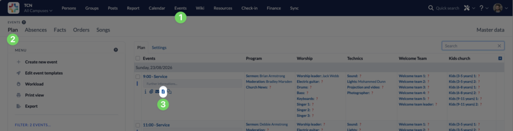Screenshot Events Plan Agenda
