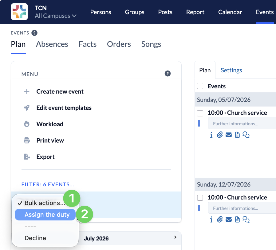Screenshot Events Plan Bulk actions Assign