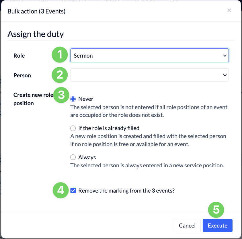 Screenshot Events Plan Bulk actions Assign select role Assign the duty