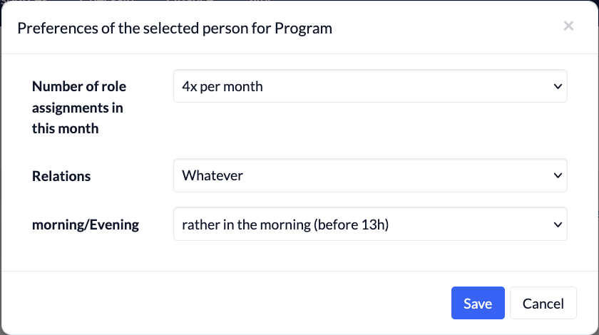 Screenshot Events Plan Preferences of the selected person