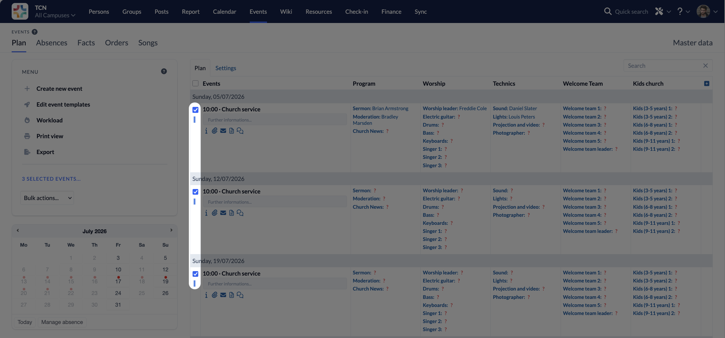 Screenshot Events Plan select events
