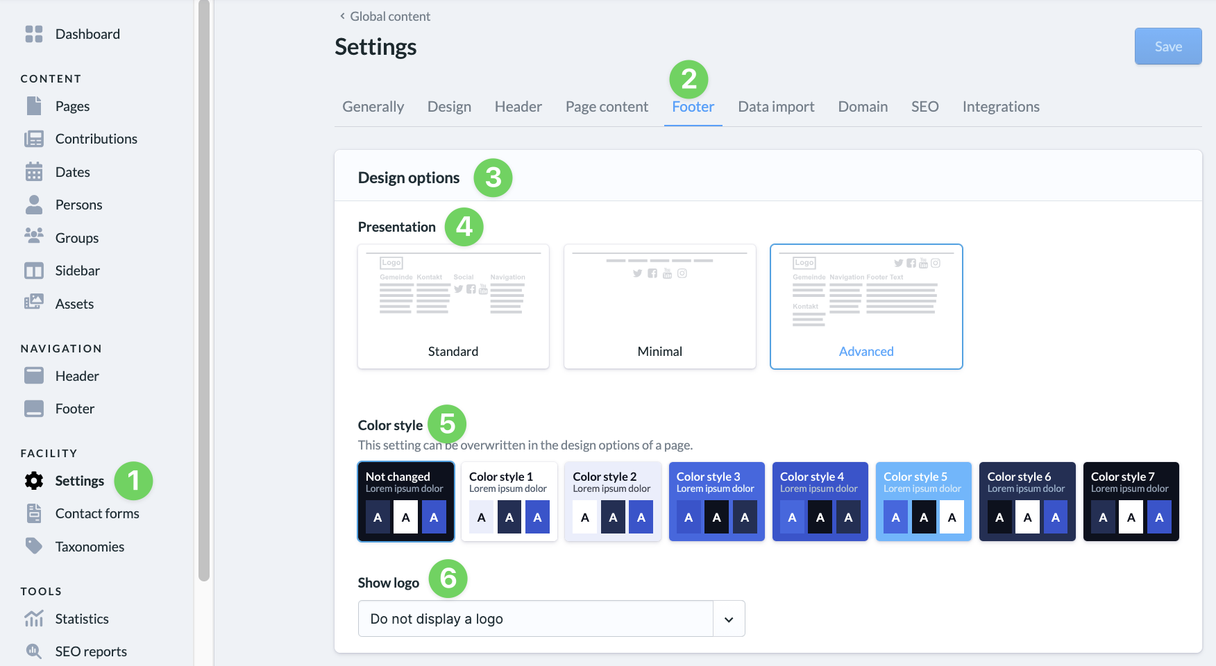 Screenshot Website Settings Footer