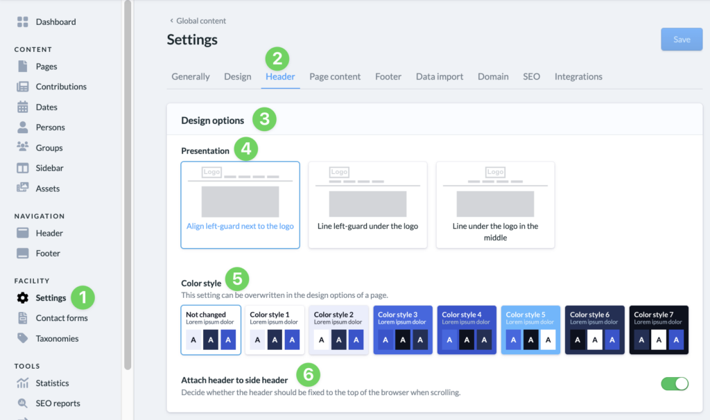 Screenshot Website Settings Header