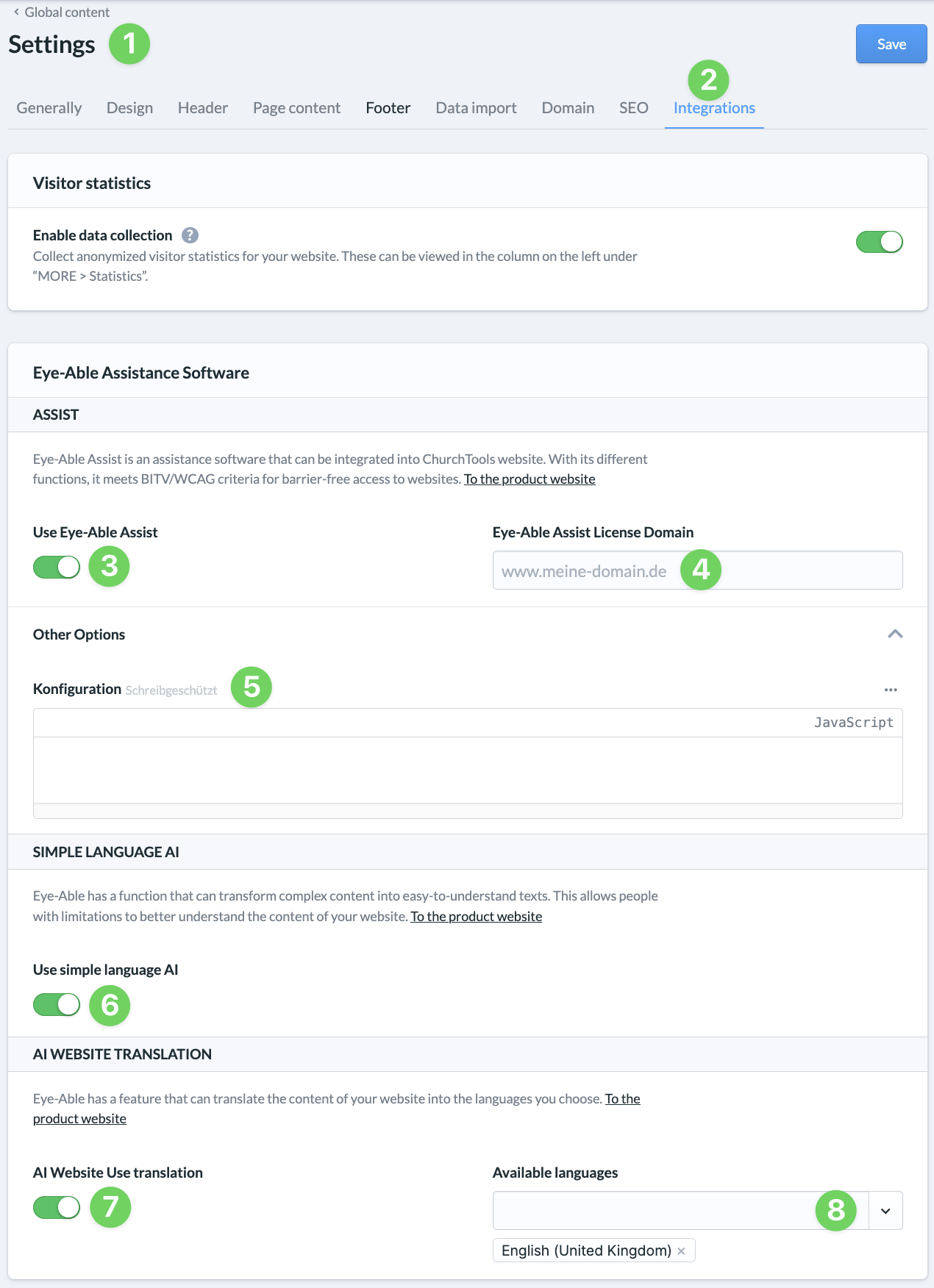 Screenshot Website Settings Integration Eye able