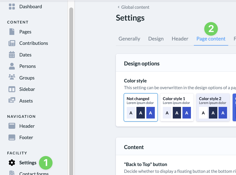 Screenshot Website Settings Page content