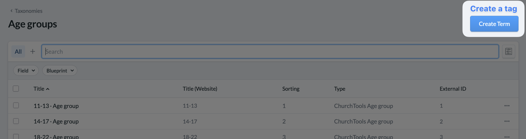 Screenshot Website Settings Tags Crate a tag