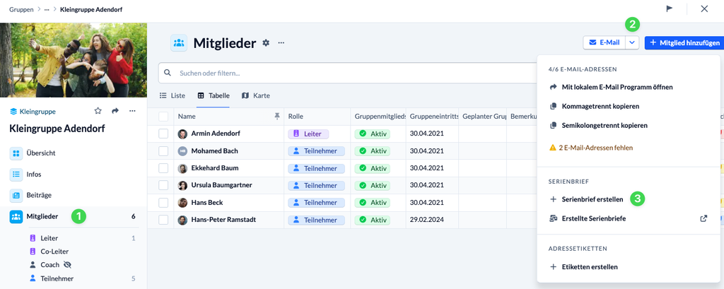 Screenshot Serienbrief im Gruppenmodul erstellen