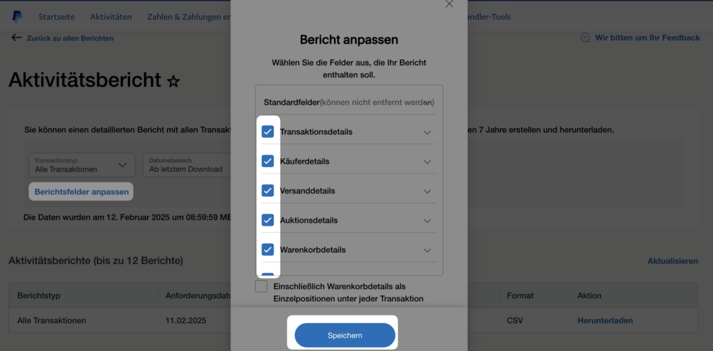 Screenshot PayPal: Aktivitätsbericht mit Berichtsfeldern