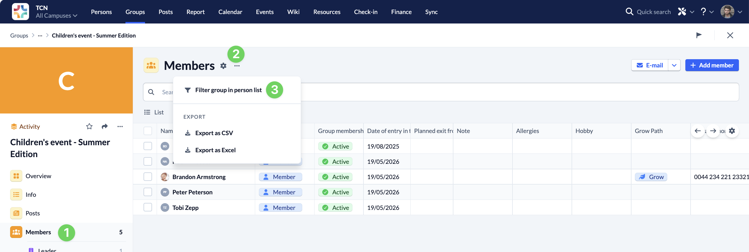 Screenshot Groups Members Filter group in person list