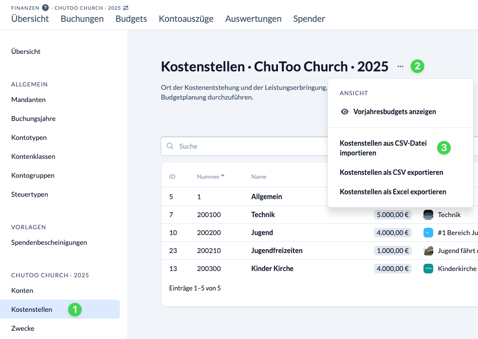Screenshot Kostenstellen importieren; Kostenstellen aufrufen (1), Kontextmenü neben der Überschrift öffnen (2), Kostenstellen aus CSV-Datei importieren (3)