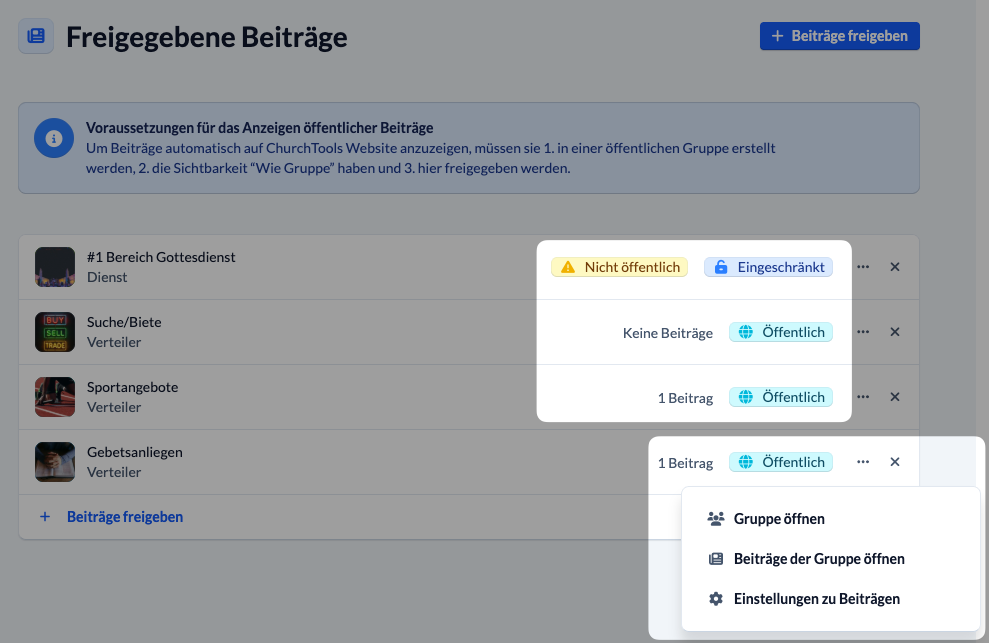 Screenshot Freigaben für die Website verwalten, Beiträge, mit Sichtbarkeit "Wie Gruppe" in öffentlichen Gruppen 