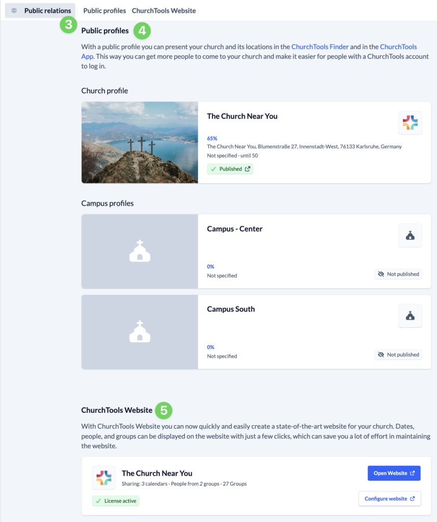 Screenshot Manage menu Public relations Profiles