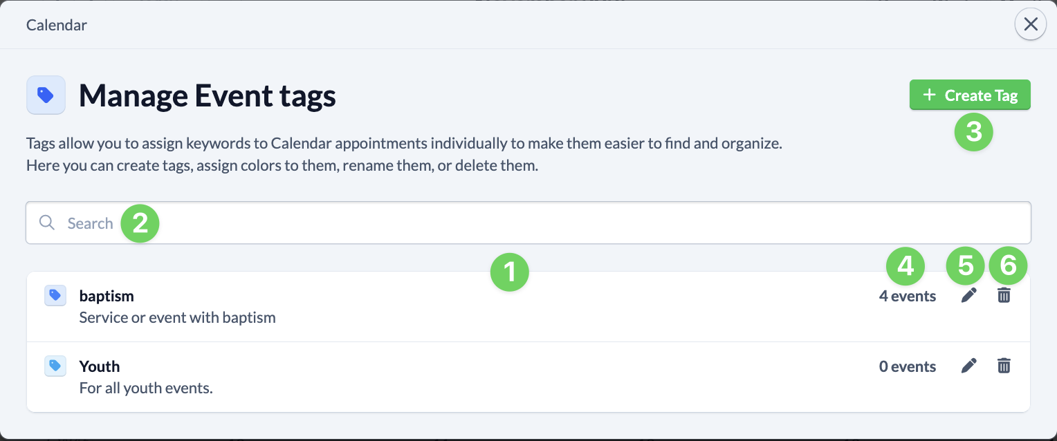 Calendar - Manage Event tags dialog