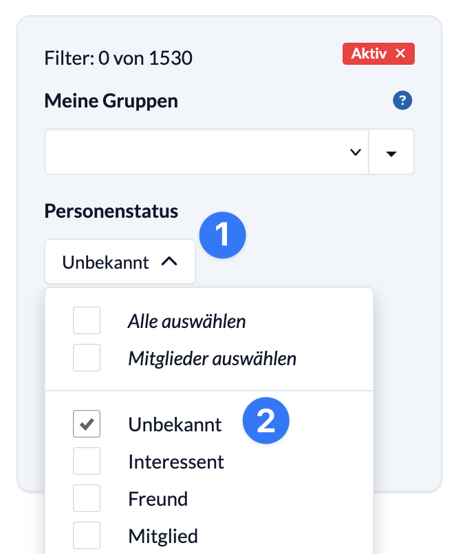 Screenshot des Personenfilters, um einen Personenstatus zu filtern.