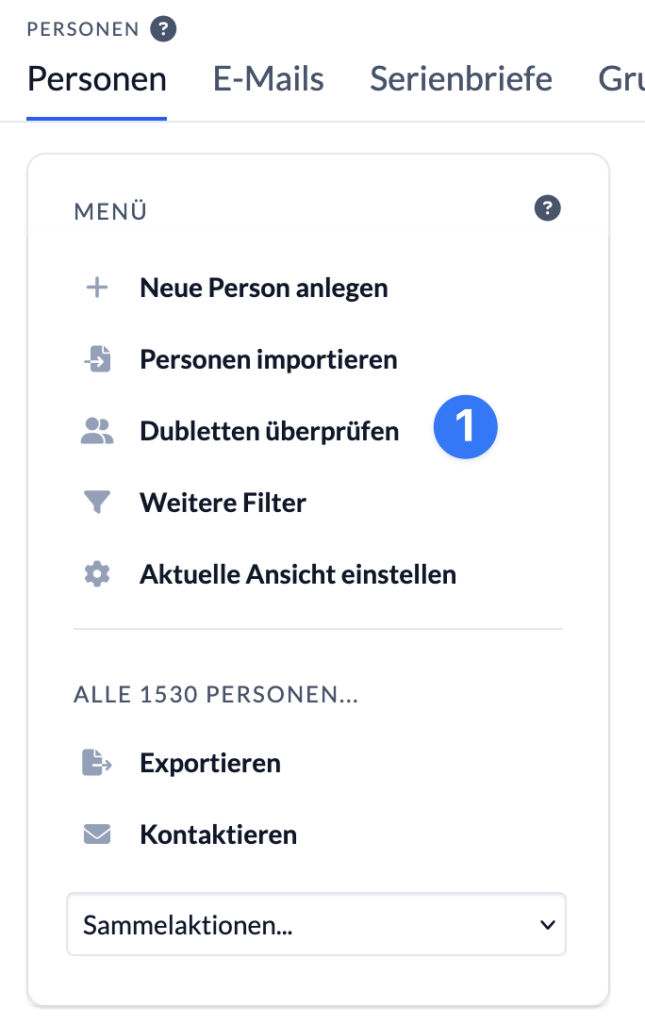 Screenshot des Personenmenü mit Hinweis auf die Funktion "Dubletten überprüfen"