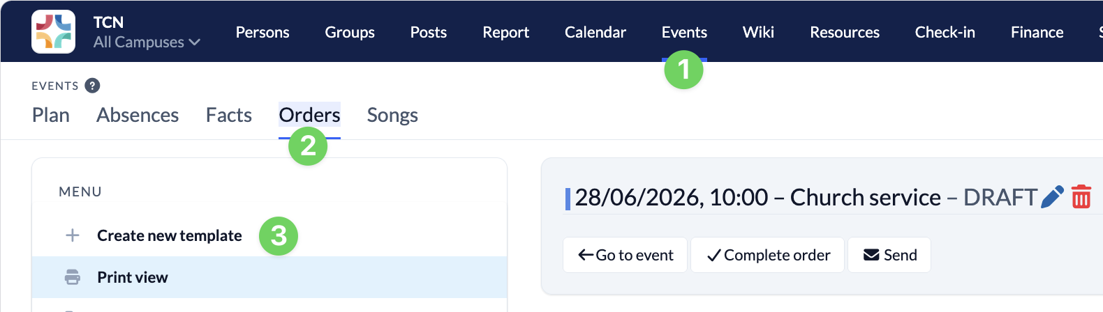 Screenshot Events Orders Create new template