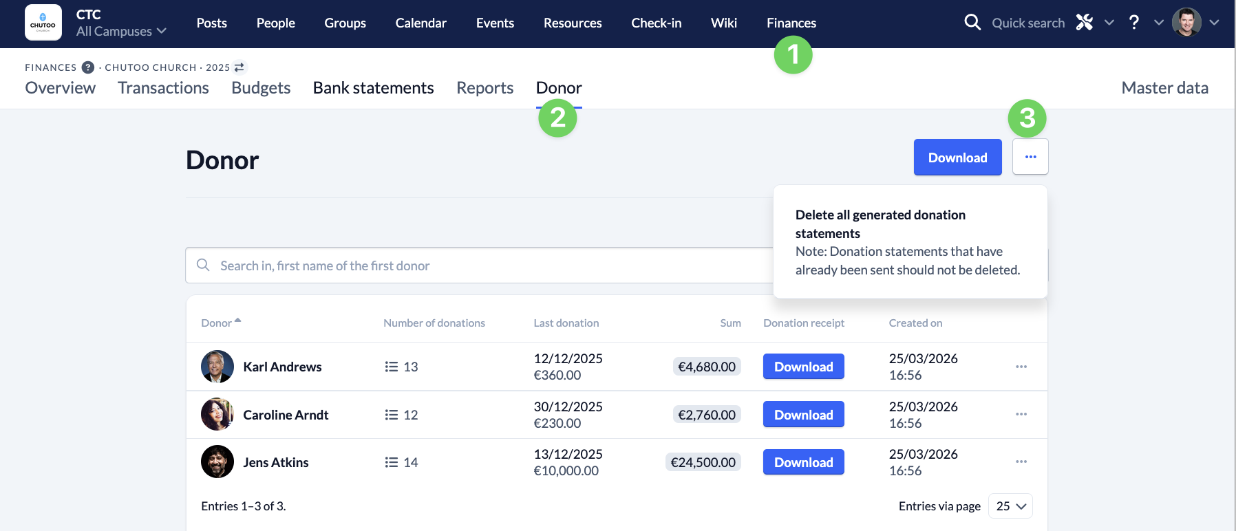 Screenshot Finances Donor delete all donation receipts