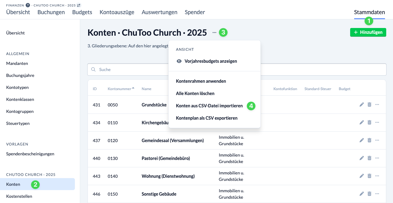 Screenshot Kontextmenü zu Konten in den Stammdaten im Modul Finanzen