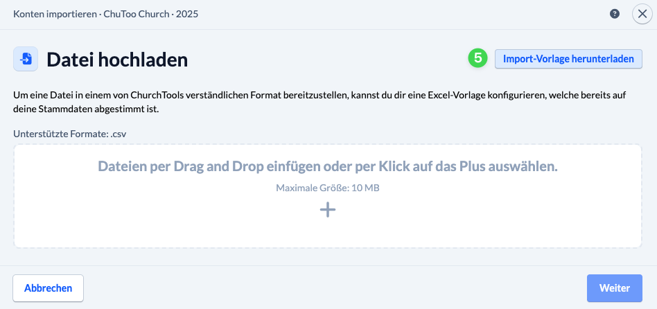 Screenshot Dialogfenster Konten importieren mit der Möglichkeit, eine Importvorlage herunter zu laden